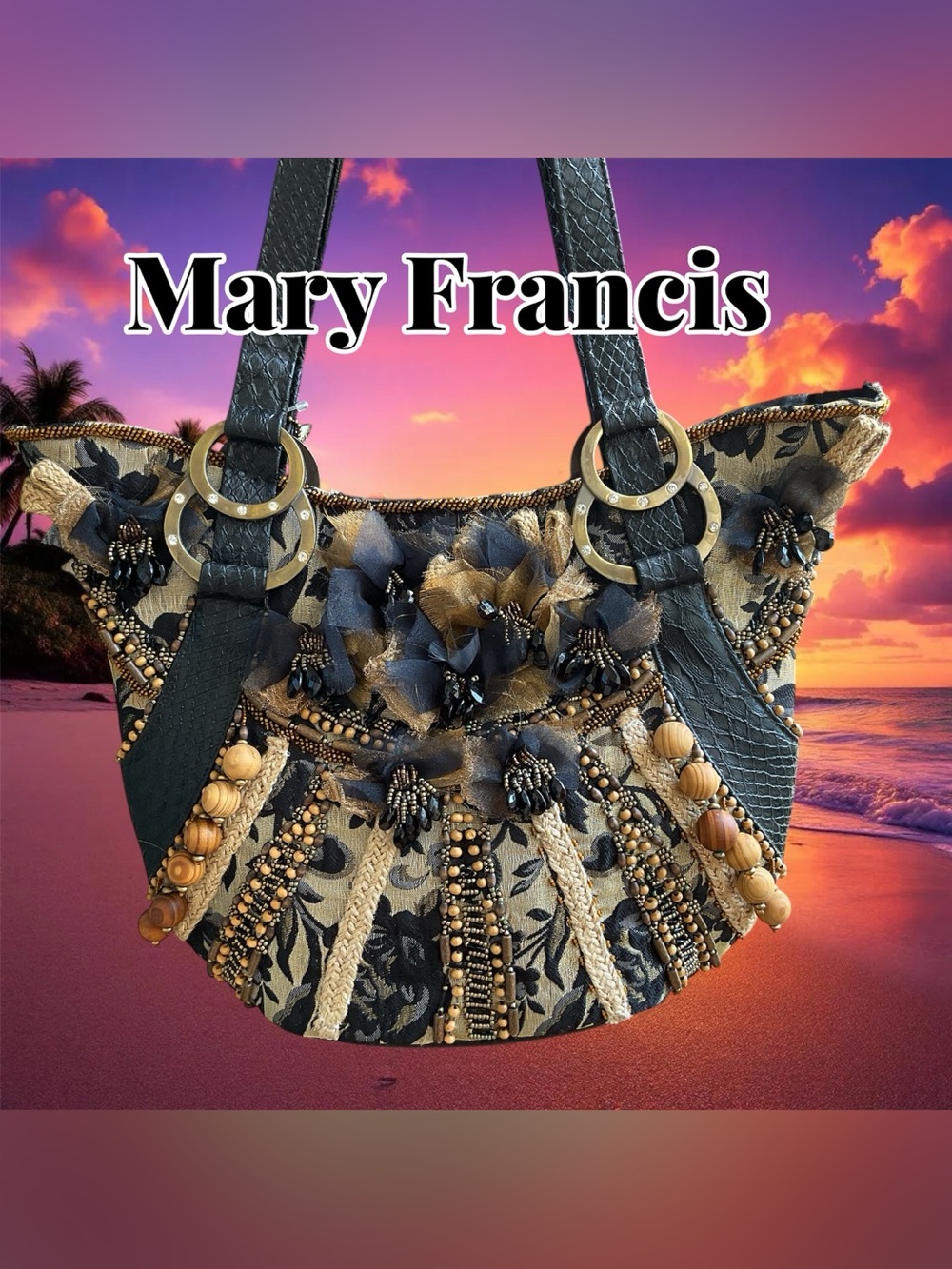 Mary Frances Brown and Black Beaded Shoulder Bag